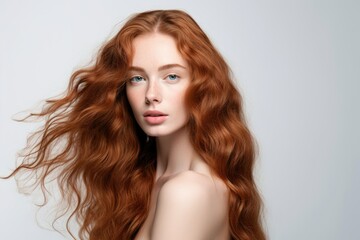  Healthy wavy hair of a woman against a white backdrop
