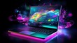© Ashi - neon glow: futuristic computer technology illustration with vibrant laptop, ideal for cover backgrounds and modern projects