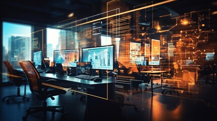 Wall Mural - dynamic neon cyberpunk office interior with blurred tech overlay - modern corporate strategy space f