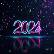 Happy New Year 2024 Animation Design. Neon letters and neon numbers design. Greeting card for new year 2024. 4k 2024 New Year reflected design