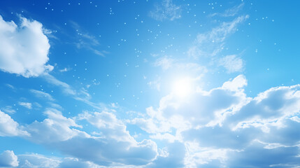 A clean blue beautiful sky with run and sun-rays, stars, evening sky with white clouds