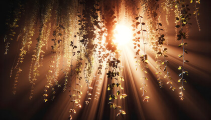 Wall Mural - Branch of a tree with green leaves in the rays of the setting sun. Generative AI