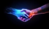 Fototapeta  - Handshake in digital futuristic style. The concept of partnership, collaboration or teamwork.  illustration with light effect and neon, Generative AI 