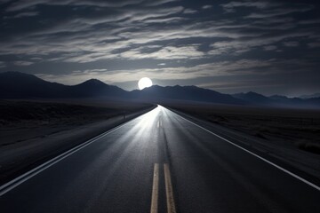 Driving on an empty asphalt road at sunset