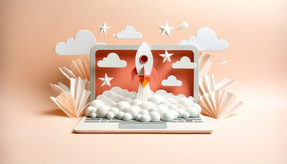 Wall Mural - 3d paper art rocket launching from a laptop screen. generative ai