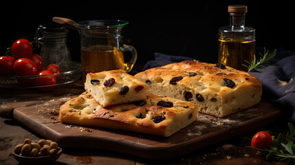 Italian bread with olives. Focaccia photography