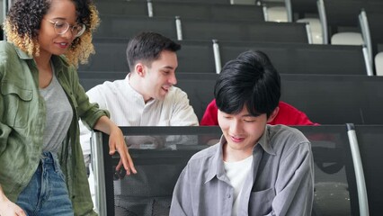 Poster - Group of multinational students having a conversation in a classroom.