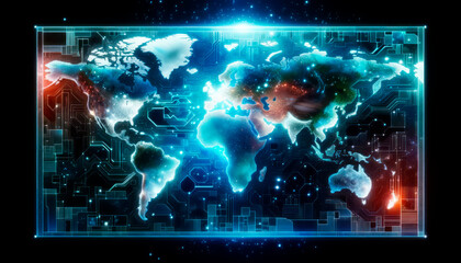 Poster - Holographic world map with vibrant digital effects on technological background. Global connectivity concept. Generative AI