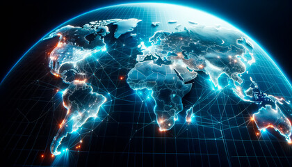 Poster - Futuristic digital world map with glowing connections on grid background. Technology and innovation concept. Generative AI