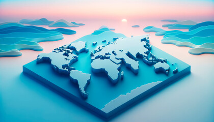 Poster - Serene 3D world map with soft pastel colors, set against a tranquil ocean backdrop. Generative AI