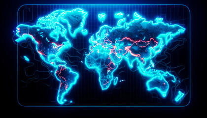 Poster - Neon blue world map with digital circuitry and glowing red hotspots on dark background. Network analysis concept. Generative AI