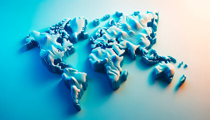 Poster - Stylized 3D world map with smooth blue gradients and raised terrain features on a clean background. Generative AI
