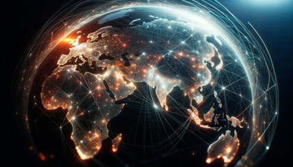 Poster - Glowing digital globe with network activity indicators. World connectivity and data exchange concept. Generative AI