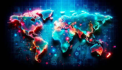 Poster - Colorful digital world map with interactive data points. Communication network concept. Generative AI
