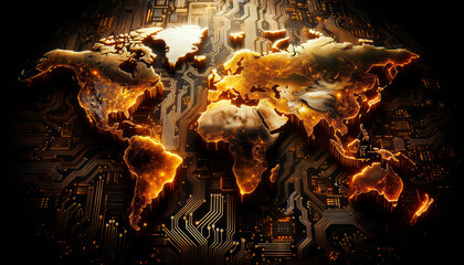 Poster - Digital world map on circuit board, glowing connections signify global technology. Generative AI