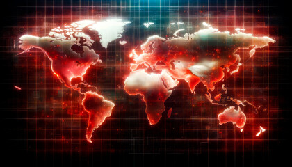 Poster - Illuminated digital world map with a global network theme on a dark background. Generative AI