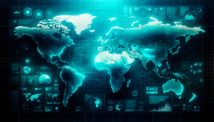 Poster - Interactive cyber world map with analytical data visualization. Cybersecurity monitoring. Generative AI