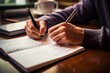 © riya - Handwritten Thoughts Person Jotting Down Ideas in Notebook with Pen on Wooden Table Generative AI