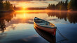 photo of the sunset on the edge of the lake with old boats on the edge of the lake