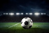 Fototapeta Sport - Nighttime Soccer Match with Illuminated Stadium and Giraffe Print Ball on the Field Generative AI