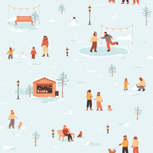 Winter Cozy City Life. People Walking On Street, Skating On Ice Rink, Family Walking With Dog, Children Makes Snowman, Women Talking, Coffee Kiosk. Vector Holiday Illustration, Seamless Pattern