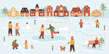 Winter Village Background. People Walking On Street, Friends Skating On Ice Rink, Man Walking With Dog, Children Makes Snowman, Women Talking And Drinking Coffee. City Life Vector Illustration