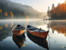 Landscape Of Two Wooden Boats Stopping On The Edge Of The Lake With Natural Views In The Morning