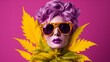 Cannabis on a purple background, with yellow and purple leaves. Woman figure. Generative AI.