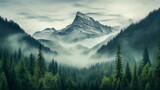 Fototapeta Góry - Landscape of Misty Forest and Mountain Range in Nature