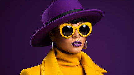 Wall Mural - A Stylish Woman in a Vibrant Purple Hat and Trendy Orange Yellow Sunglasses. Fashion Style Cover Magazine and Wallpaper