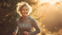 Portrait Of A Middle Aged Woman Running In The Wilderness With Sun Through The Nature And Leaves