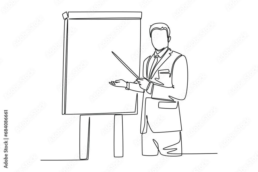 Single one line drawing young manager holding tablet during business ...
