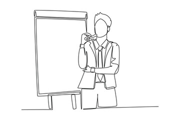 Wall Mural - Single one line drawing businessman presenter drawing graph chart on screen board while on meeting. Business presentation at the office concept. Continuous line draw design graphic vector illustration