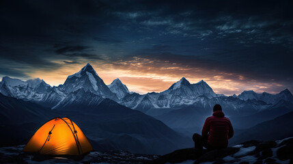 sunset in the mountains. climber and a tent enjoying the view