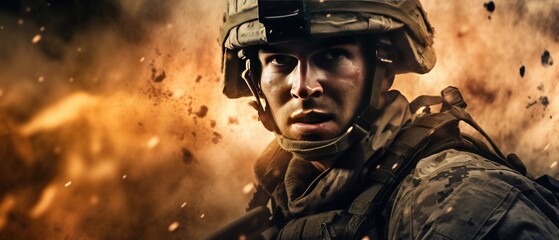 Wall Mural - Focused soldier in combat uniform against explosive background. Military and defense.