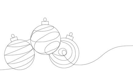 New Year Christmas background with Christmas balls in one line style. Hand drawing. For holiday greetings