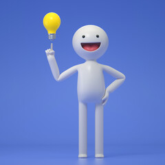 Poster - A 3D cartoon character standing with a light bulb. lightbulb as smart solution or creative business idea. 3d rendering,conceptual image