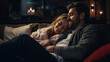 Couple is sharing a cozy and affectionate moment on a sofa, wrapped in a blanket, with a sense of comfort and happiness in a serene home setting.