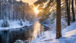 A picturesque winter wonderland; river in the forest; sunset; vertical