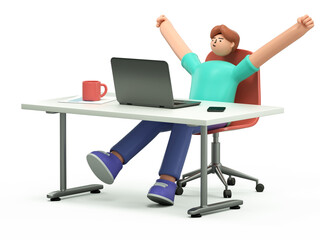 Wall Mural - A 3D cartoon character success at work, victory in business concept. Happy employee at computer desk, rejoicing achieved goal. 3d rendering,conceptual image