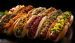 Assorted hot dogs with various toppings on a black tray.