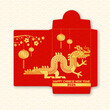 Chinese New Year red envelope flat icon. Vector illustration. Red packet with gold dragon and lanterns. Chinese New Year 2024 year of the dragon.