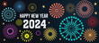 Greeting card Happy New Year 2024. Beautiful holiday web banner or billboard with Golden sparkling text Happy New Year 2024 written sparklers on festive firework and dark blue background