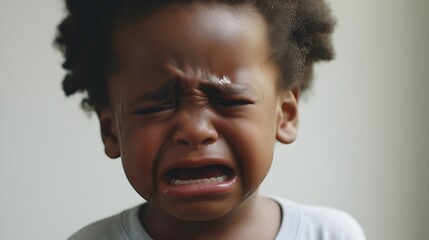 Wall Mural - Close-up portrait of crying black boy toddler against white background with space for text, AI generated