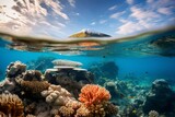 Fototapeta Do akwarium - Crystal clear underwater world meets rocky coastal landscape in a serene split view.