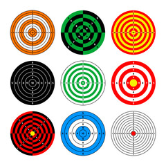 Sticker - Shooting range paper targets. Round target with divisions, marks and numbers. Archery, gun shooting practise and training, sport competition and hunting. Bullseye and aim. Vector illustration