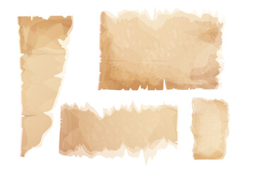 Wall Mural - set parchment paper, torn pieces, old sheets in cartoon style, textured empty notes isolated on whit