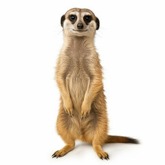 Wall Mural - Front view of a Meerkat standing upright, Suricata suricatta, isolated on white. generative ai