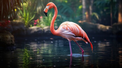 Wall Mural - Pink Flamingo Reflecting in Tropical Lake