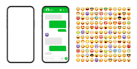 Wall Mural - Smartphone messaging app, user interface design with emoji. SMS text frame. Chat screen with green message bubbles. Texting app for communication. Social media application. Vector illustration